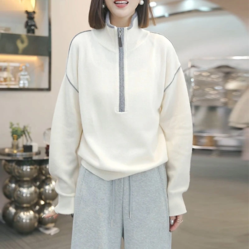 冬季宽松加厚保暖立领针织衫上衣女2024休闲百搭拼色半拉链毛衣