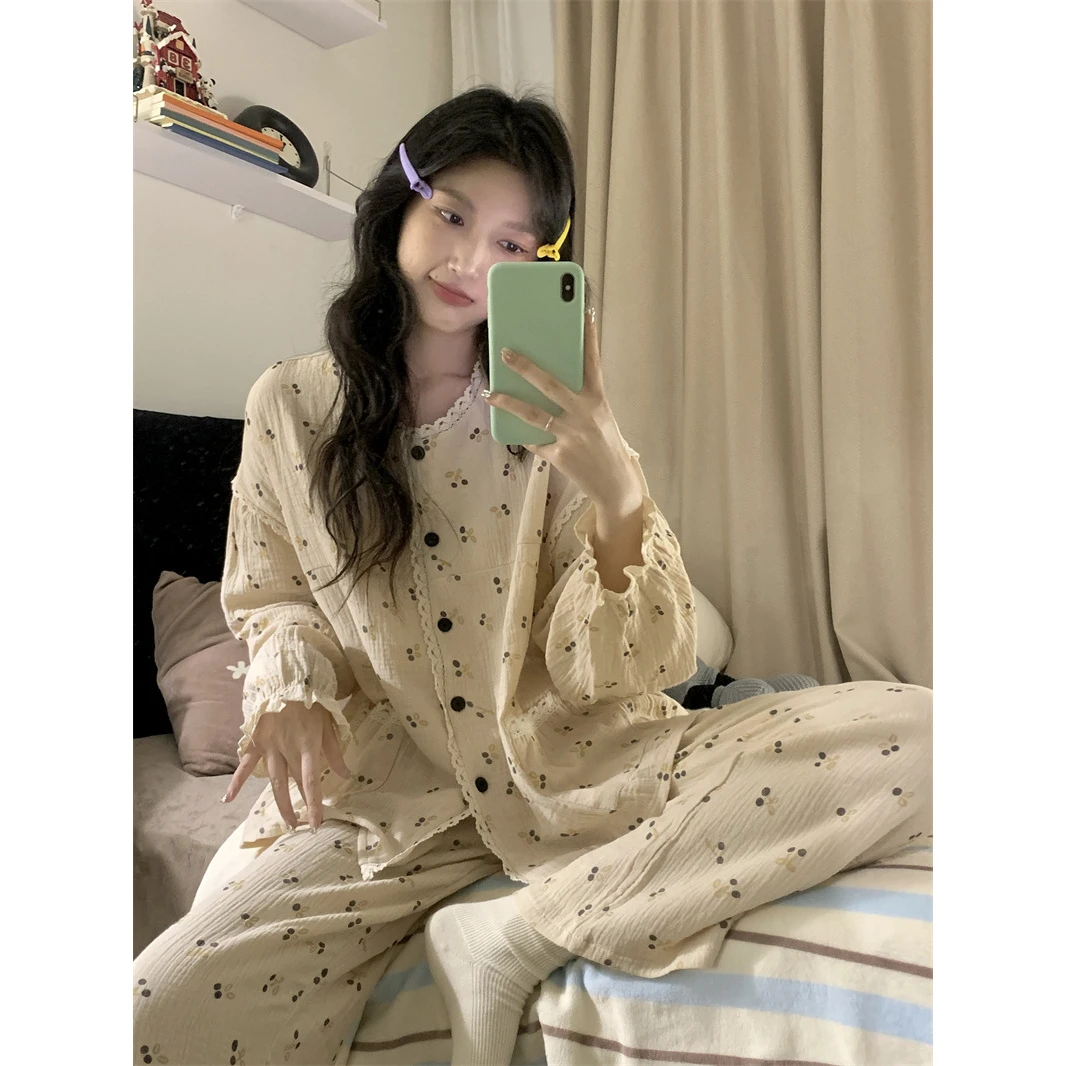 韩版ins蕾丝花边睡衣女甜美简约碎花网红长袖长裤宽松家居服套装