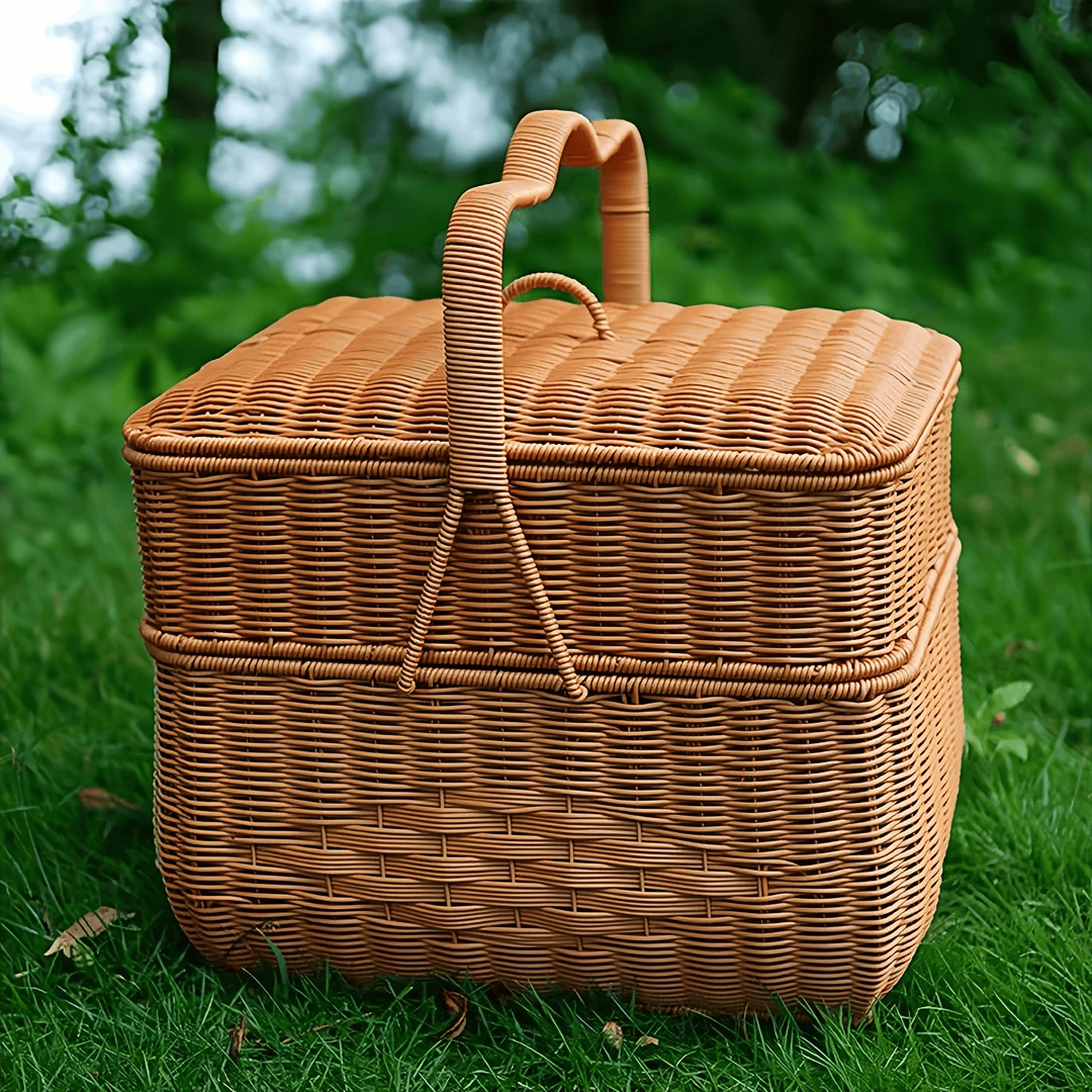 TF27[双层长方带盖]纯手工编织手提篮购物篮祈福大容量43*30*46