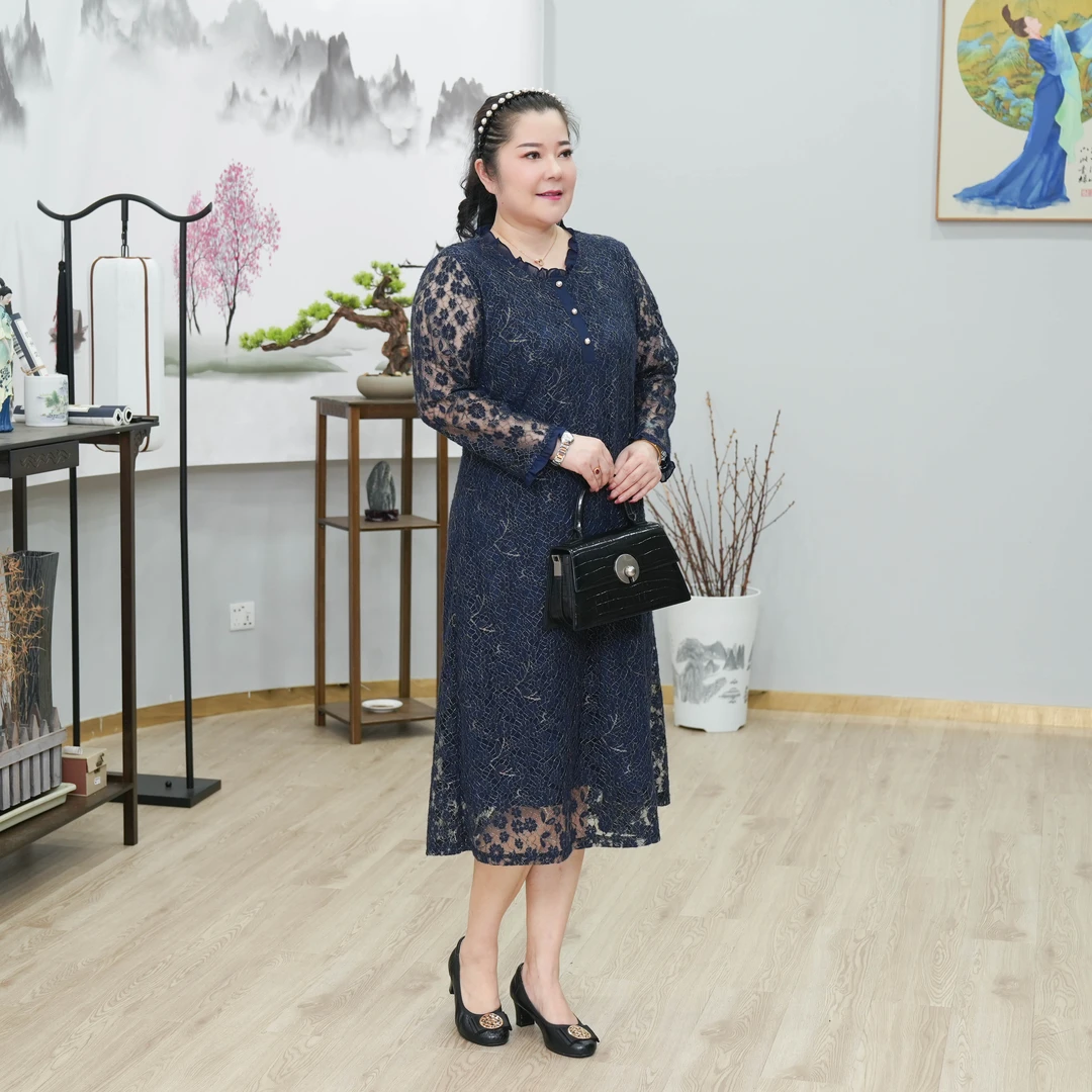 娜丹静原创轻奢大码女装时尚显瘦气质磨毛蕾丝秋季连衣裙LD23326