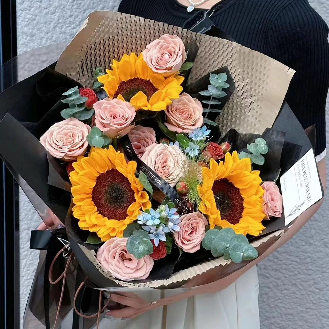 高考 步步高升/3枝向日葵9枝卡布奇洛玫瑰花束/情人节鲜花送爱人同学生日礼物/上海同城花店送花上门