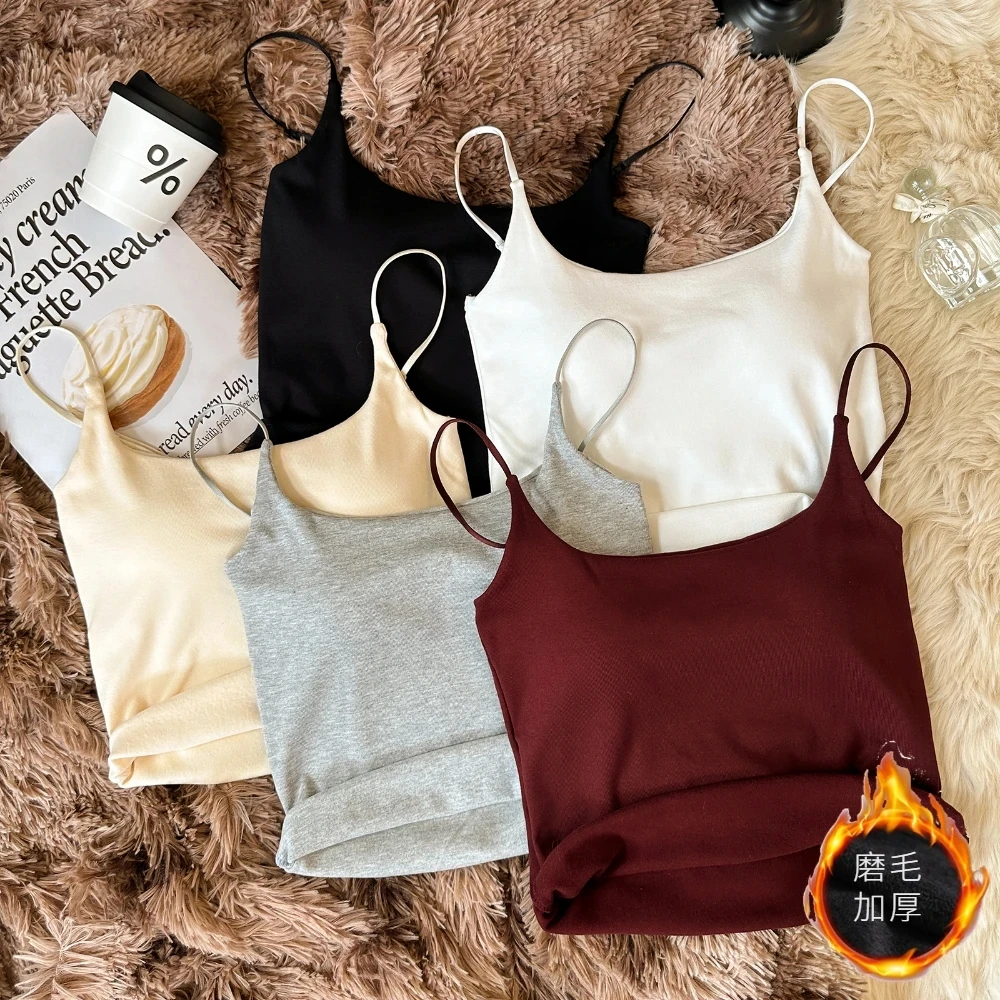 秋冬新款磨毛吊带背心女辣妹保暖加厚带胸垫内搭修身显瘦打底上衣