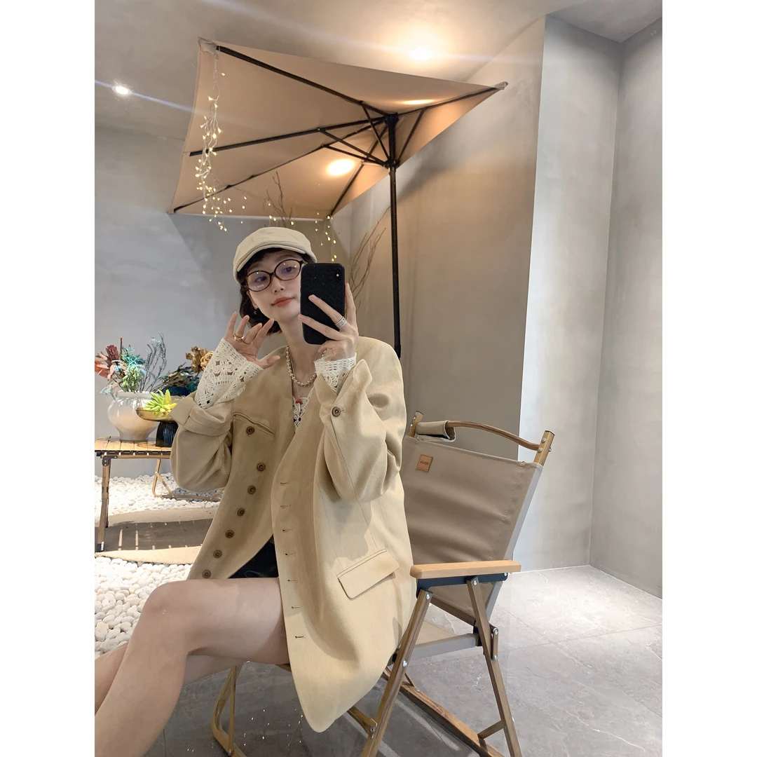 【骆小姐私服】2024定染色极简侧排树脂扣松弛无领宽松廓形西装外套