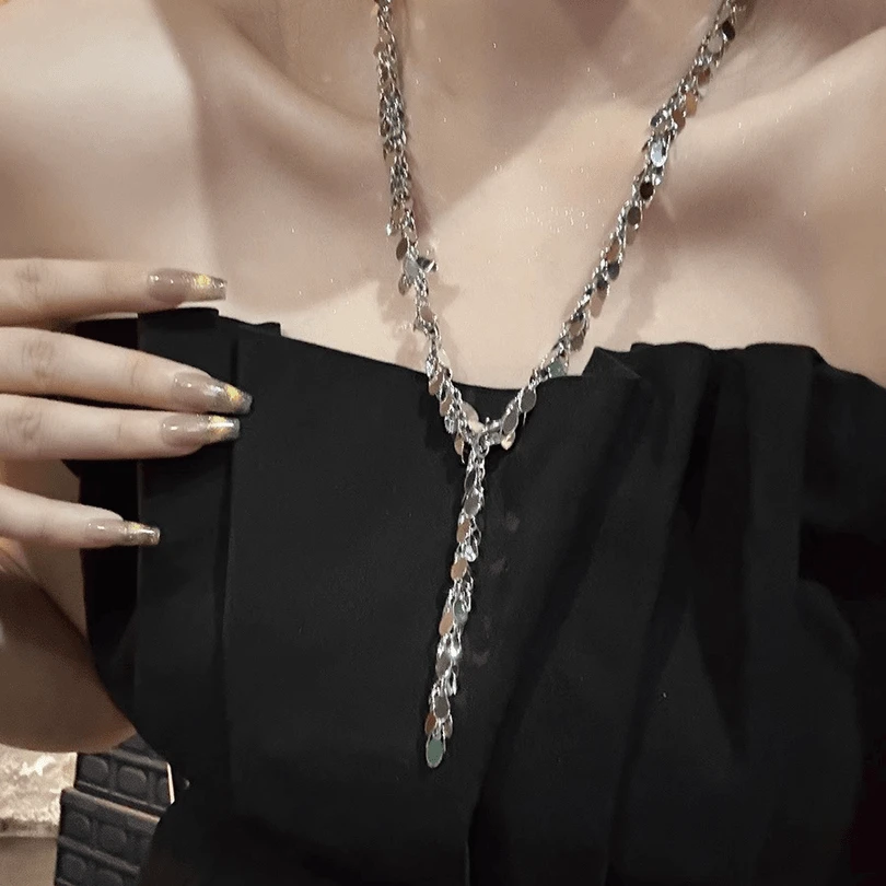 铜合金项链 夸张亮片麦穗项链个性小众设计长款颈链高级感毛衣链