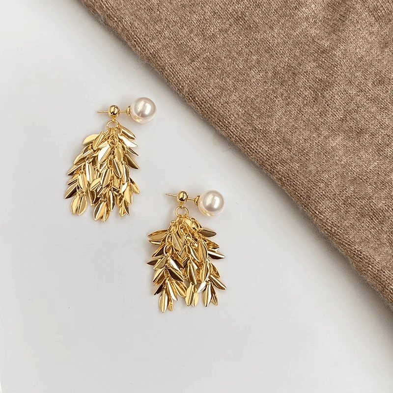 铜合金耳饰  显瘦金色麦穗流苏耳环女秋冬高级感气质耳钉长款耳饰