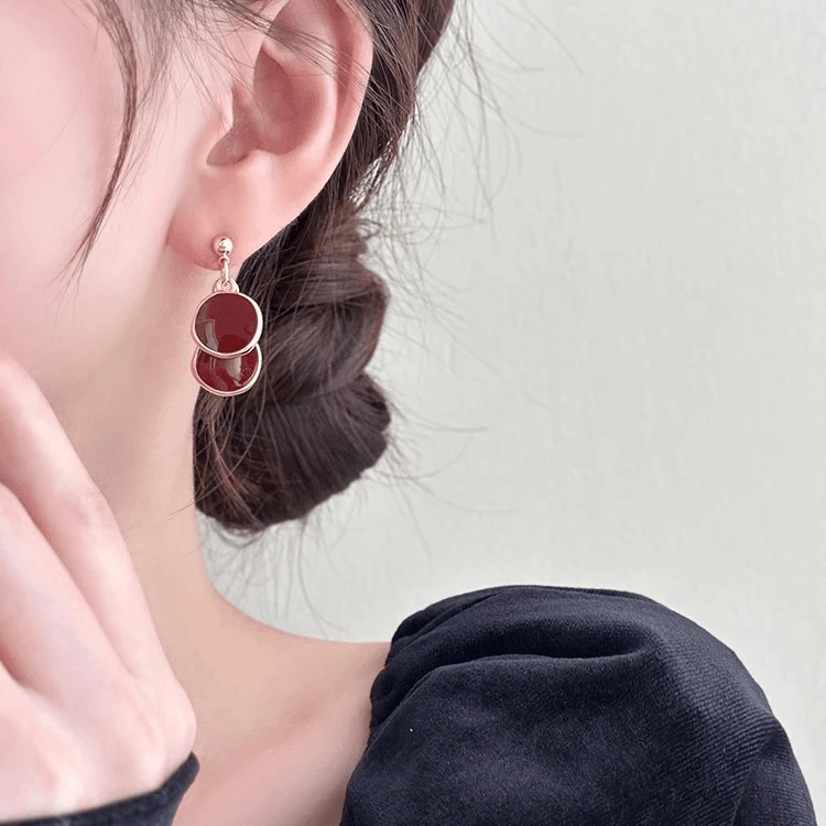 铜合金耳饰 新款气质安可拉红色圆片耳环小众设计感2024新年耳钉