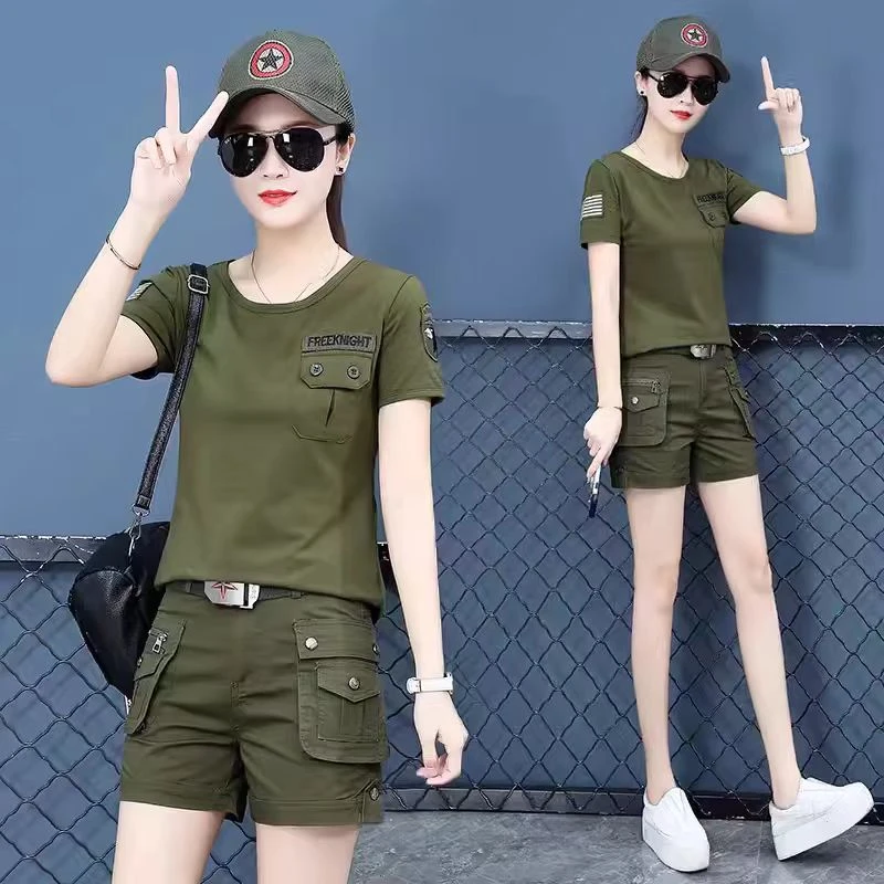 夏季短袖短裤套装女新款时尚圆领T恤休闲裤军绿工装裤热裤两件套