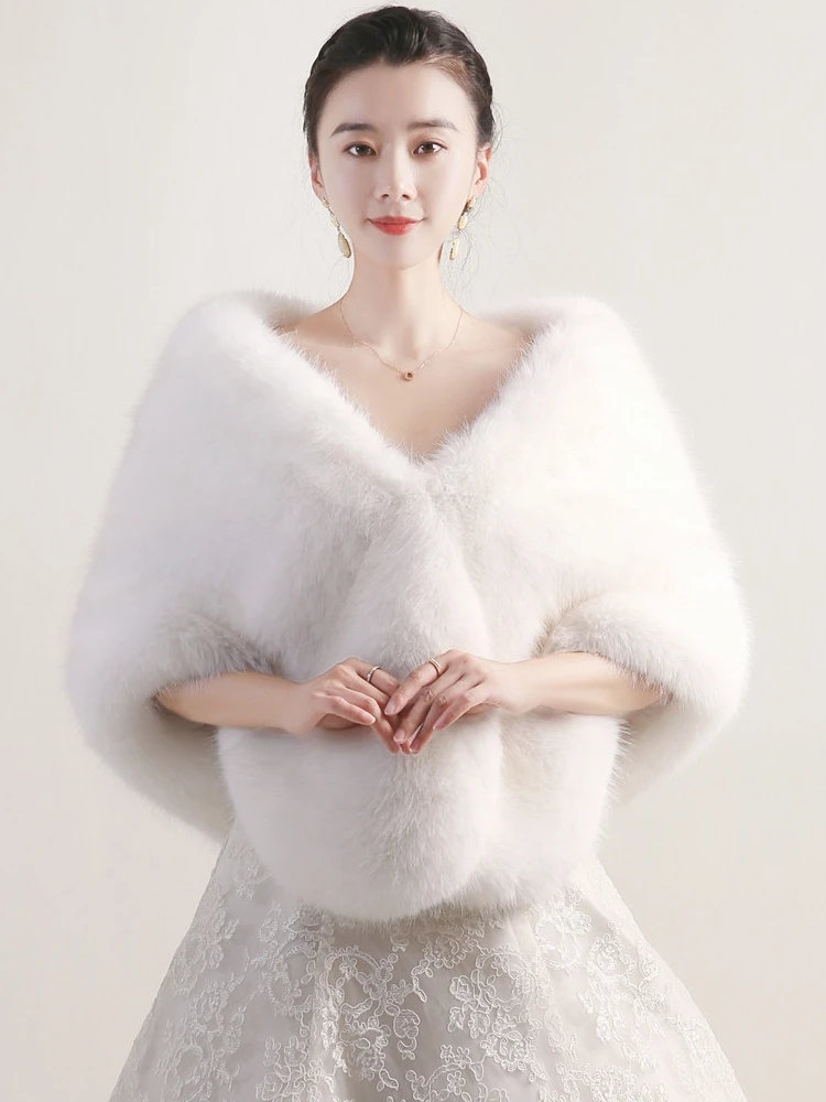 冬狐狸毛披肩婚纱披风礼服旗袍皮草斗篷白色女酒会长毛加厚保暖