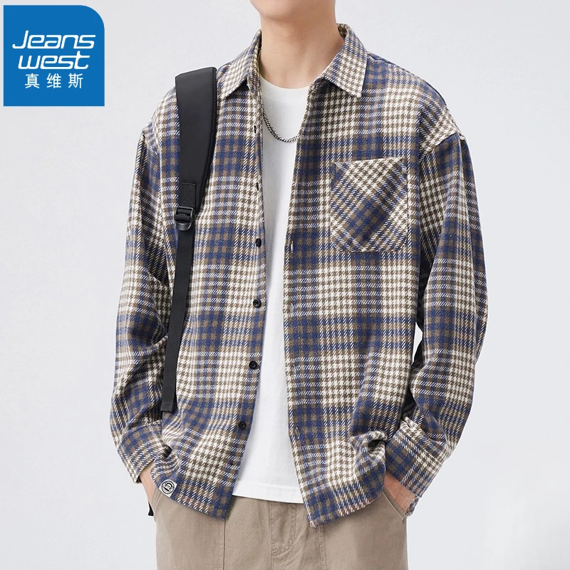 真维斯格子长袖衬衫男新款秋季宽松高级感痞帅潮牌休闲上衣服男款