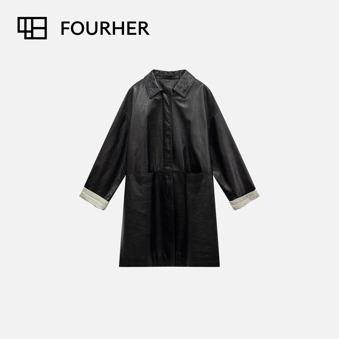 FOURHER 古早霸气 油蜡山羊皮 复古H廓形量感翻领皮衣
