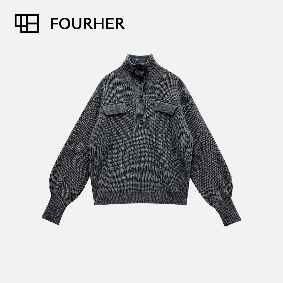 FOURHER 口袋日记 绅士复古 荃毛立领纽扣针织衫