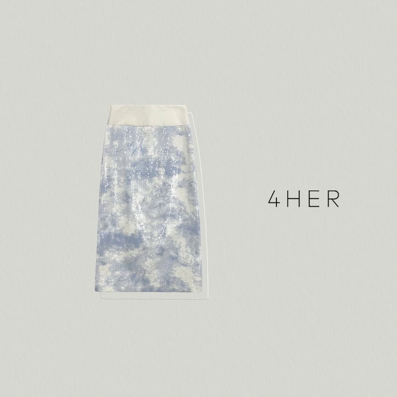 FOURHER 流光蓝茶 璀璨亮片微闪 晕染印花文艺唯美感裙子