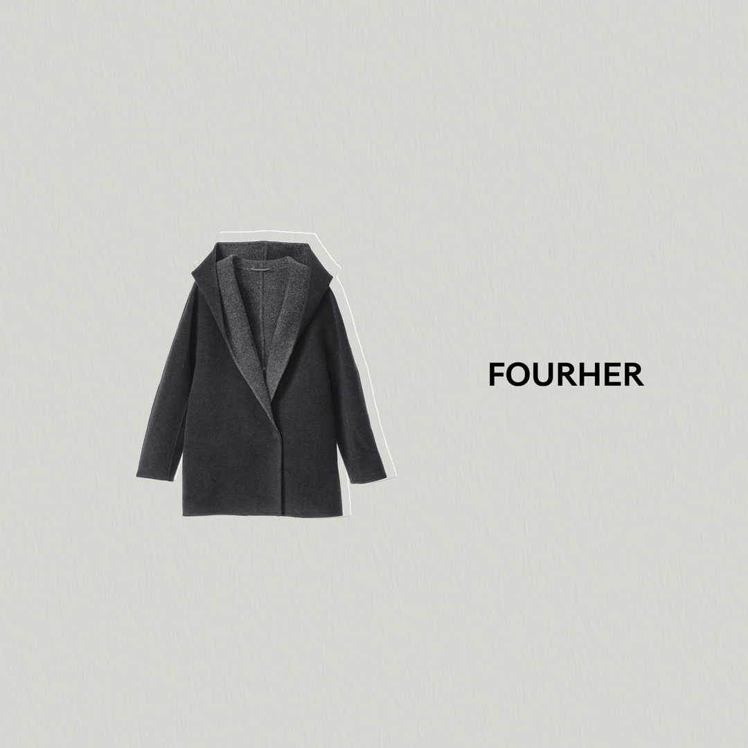 FOURHER 异色松弛 雅致倒T型 贵气双面连帽毛呢大衣