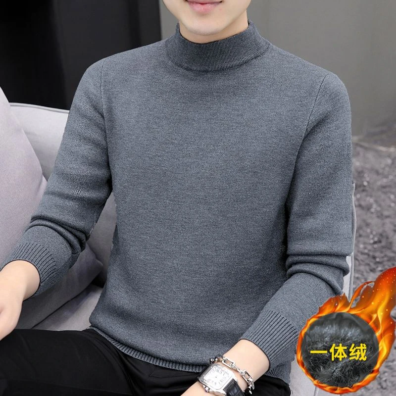 半高领毛衣男士秋冬季加绒修身中领针织打底衫加厚保暖男式打底衫