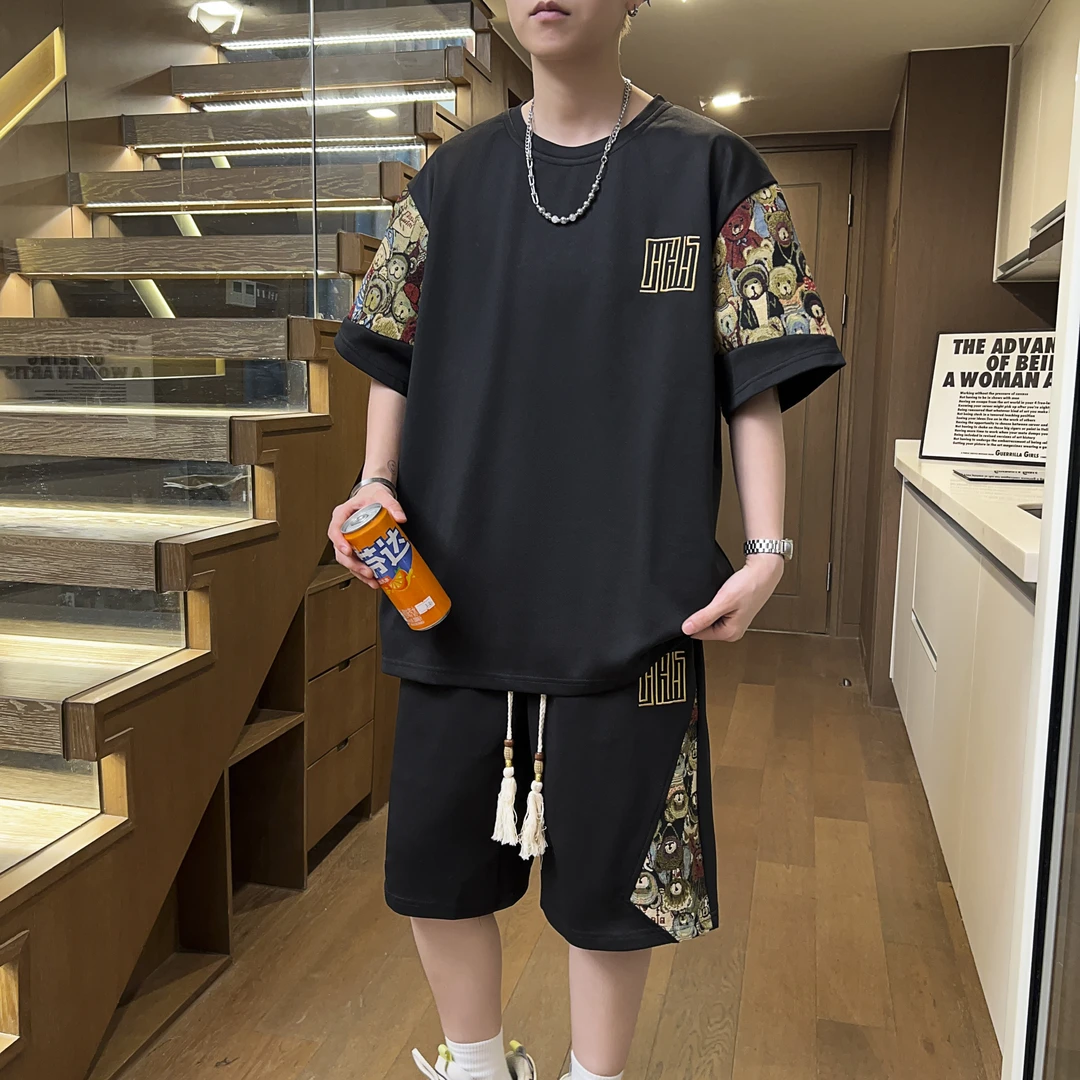 新中式潮流男宽松薄款短袖短裤两件套国风夏季大码t恤休闲运动服