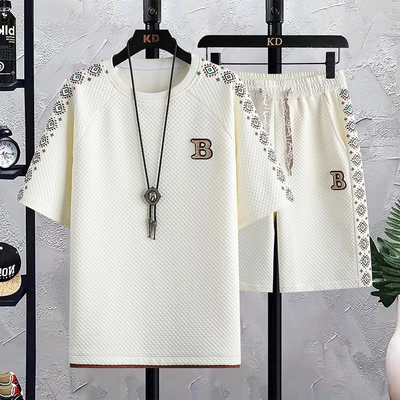 夏季冰爽套装男2024新款潮流休闲时尚男士薄款圆领印花体恤两件套