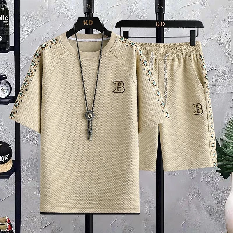 夏季高端冰爽华夫格套装男宽松潮流薄款休闲运动短袖短裤两件套男