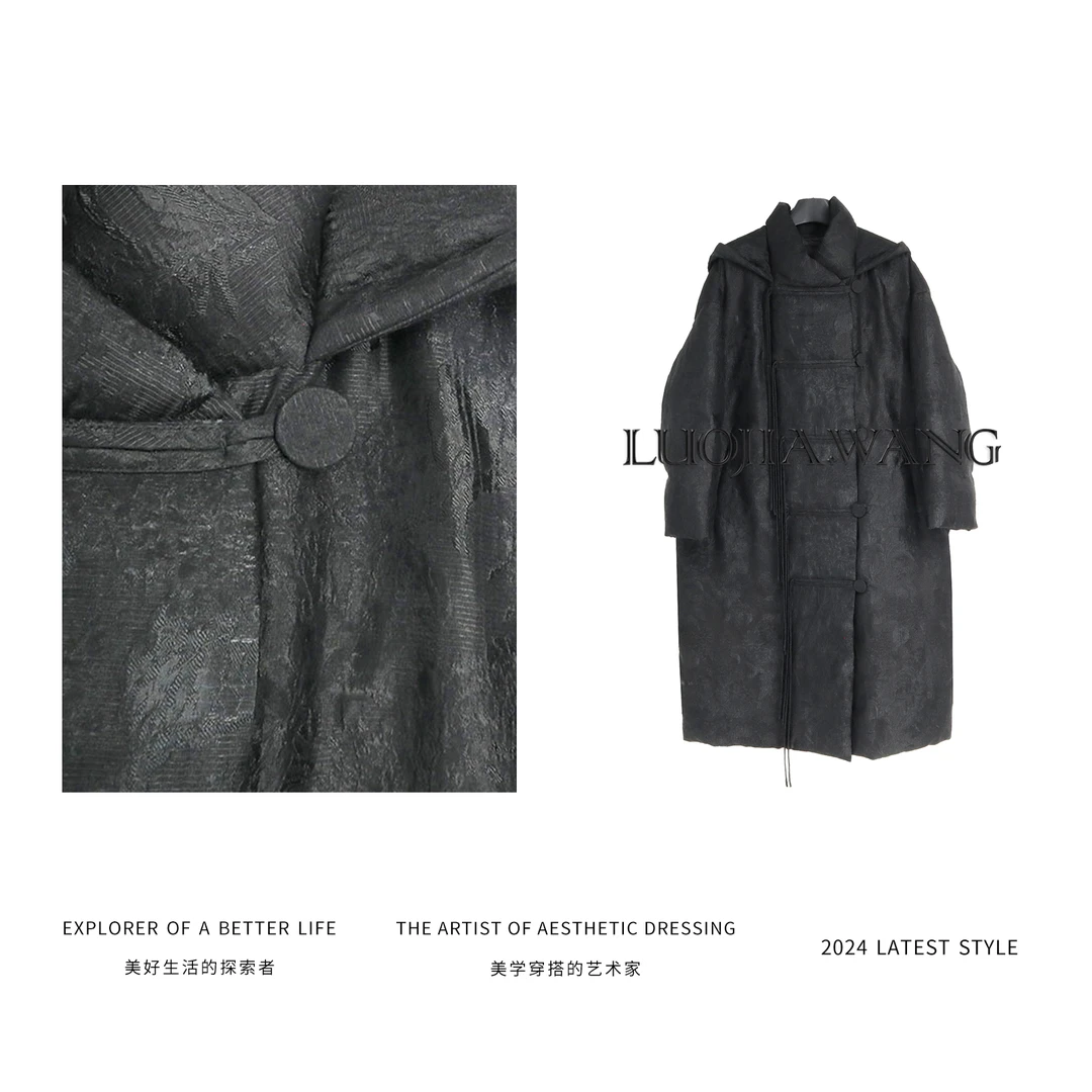 LUOJIAWANG时髦质感高级设计新中式长款连帽鹅绒服