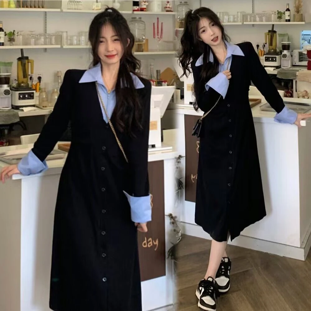 早秋长袖黑色大码胖领假两件拼接连衣裙女春气质显瘦衬衫式长裙子