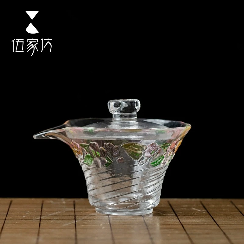 水晶玻璃盖碗茶道配件创意粉色盖碗耐热加厚锤纹盖碗泡茶盖碗