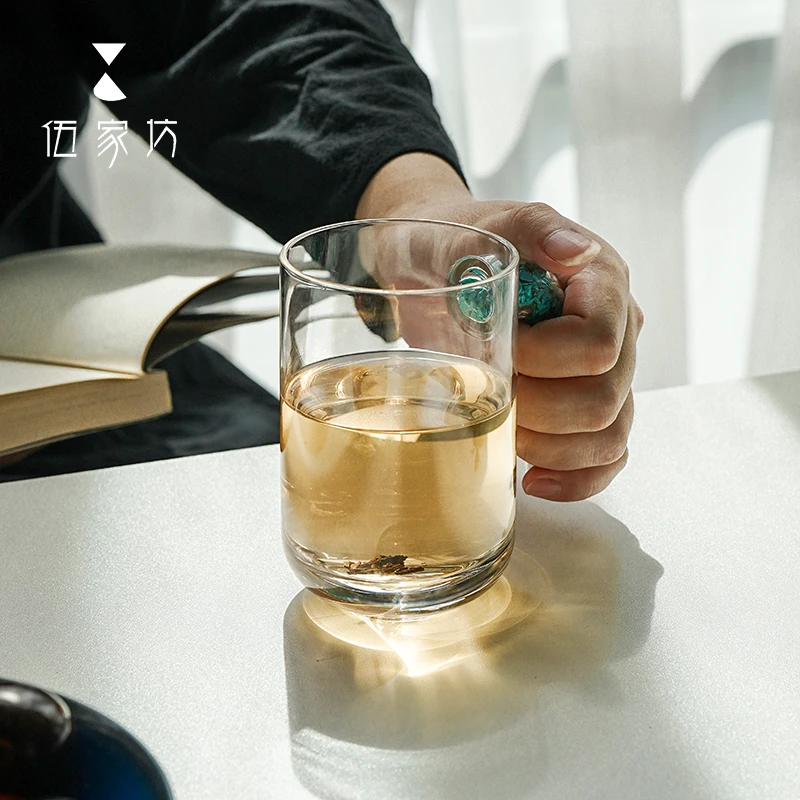 伍家坊家用耐热绿松绿茶杯大容量透明纯净马尾水晶玻璃杯带礼盒