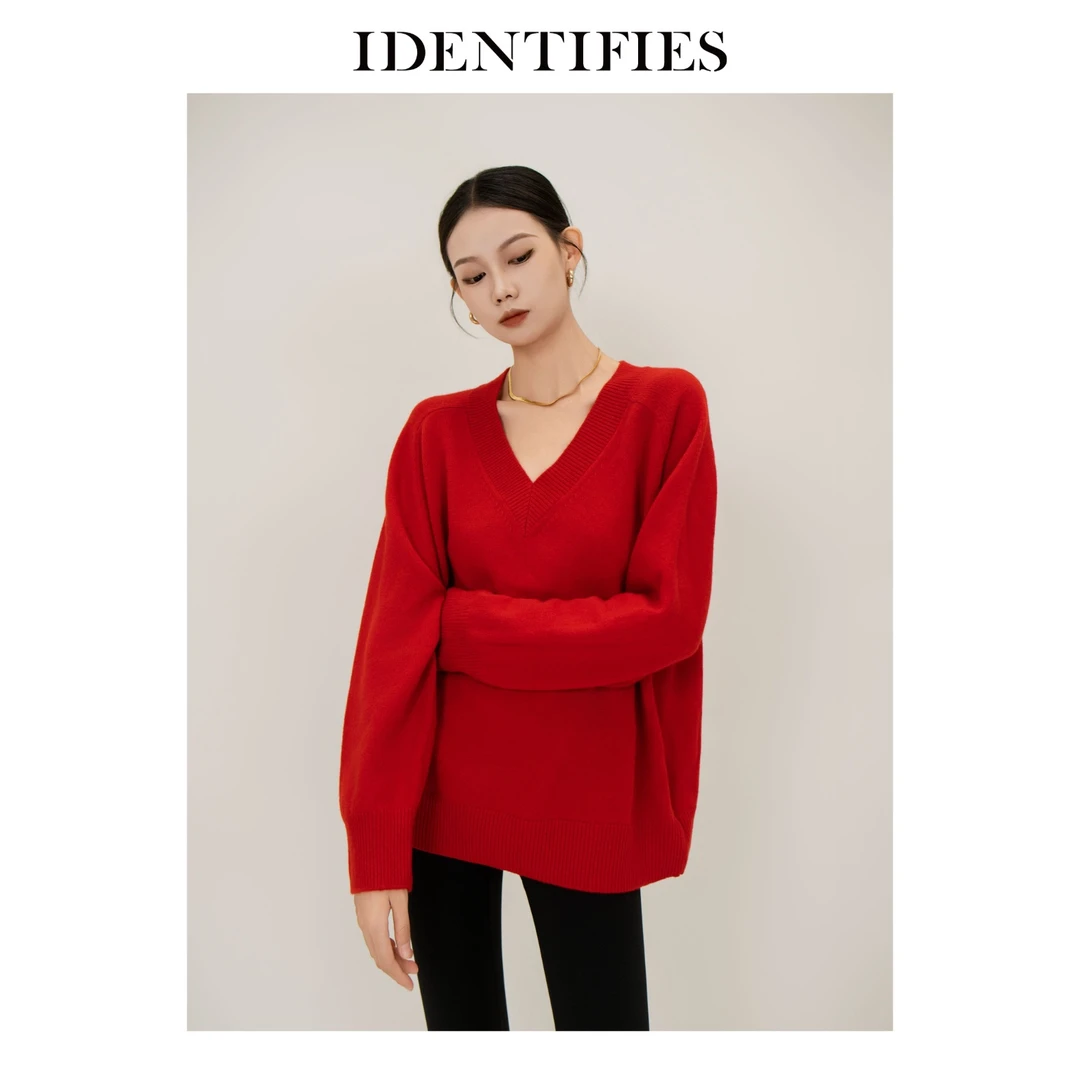 IDENTIFIES/易缔媤毛衣长袖针织衫气质时尚百搭宽松v领AD73067