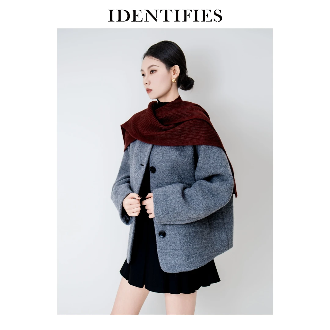 IDENTIFIES/易缔媤大衣短款时尚连帽宽松毛呢秋冬冬季休闲D43484