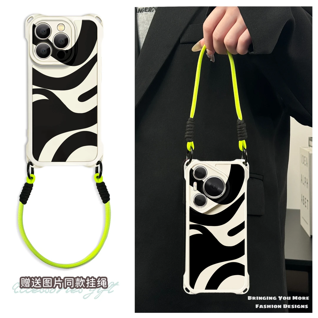 适用于苹果16华为OPPO小米VIVO高级感潮流四角挂绳手机壳YA0048