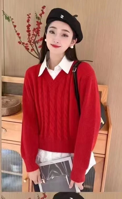 衬衫领 麻花假两件 毛衣针织衫