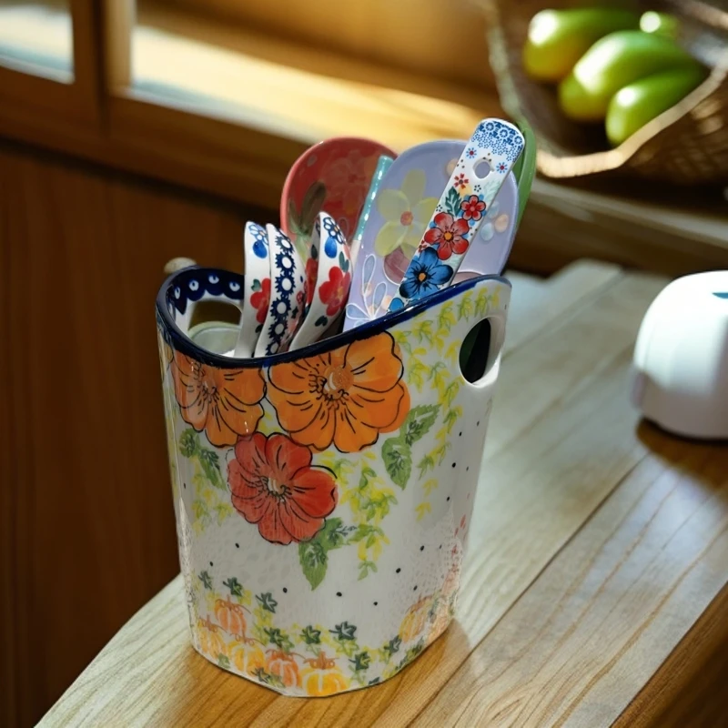 新品南瓜猫双耳手绘加厚陶瓷收纳罐，创意工具桶，大容量筷子勺子桶