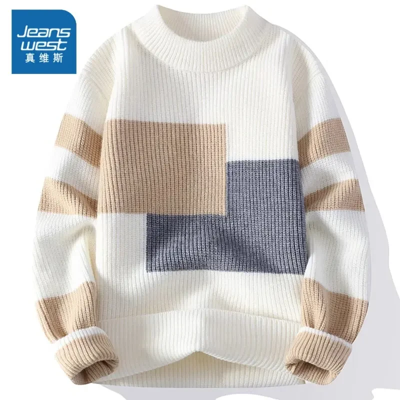 真维斯撞色毛衣男冬季新款保暖潮牌针织衫宽松高级感慵懒保暖线衣