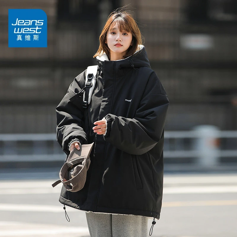 真维斯外套美式连帽棉衣男两面穿羊羔绒冲锋衣棉服男女高级感冬季