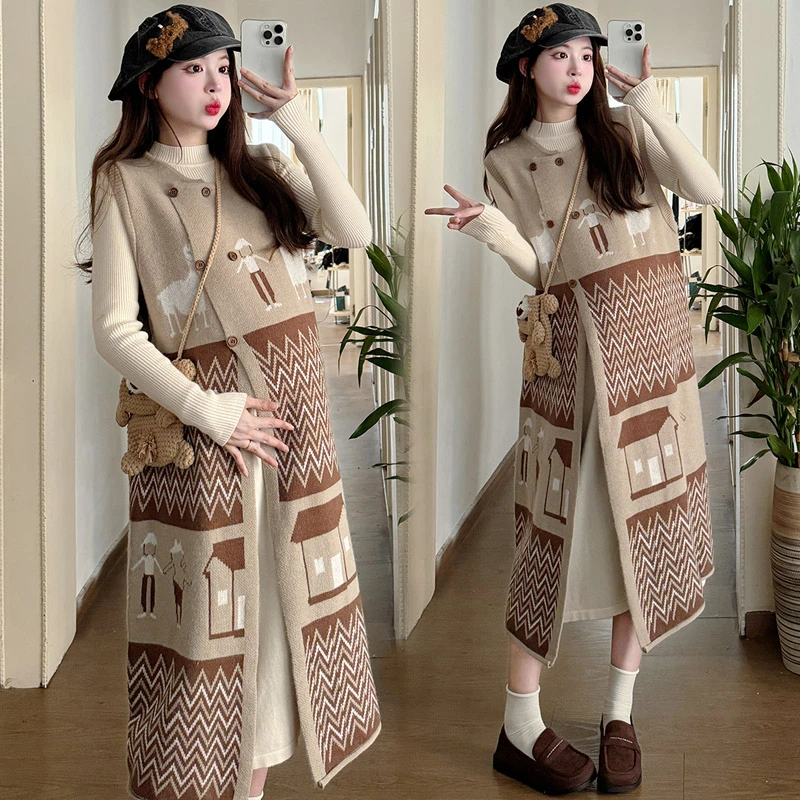 时尚小个子~秋冬复古文艺宽松加厚马甲裙+优质针织长裙潮妈两件套