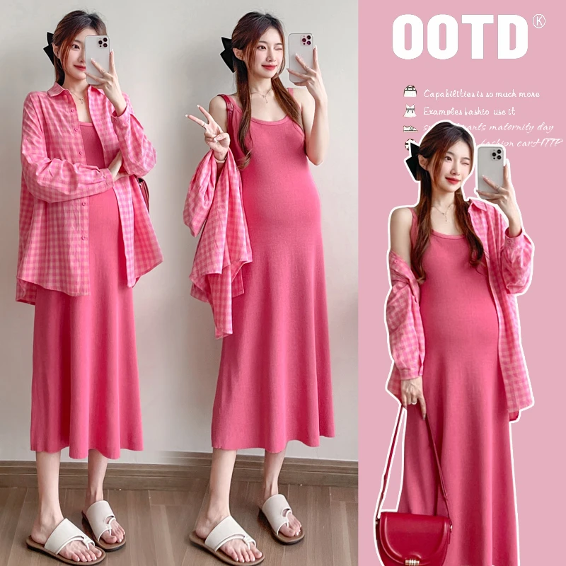 小个子2025春季孕妈设计感格子长袖衬衣＋针织吊带裙网红爆款
