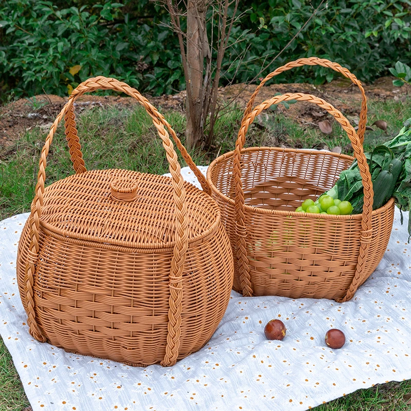 仿藤编织手提篮塑料提手方形野餐篮PP购物篮菜篮采摘果篮子果蔬篮