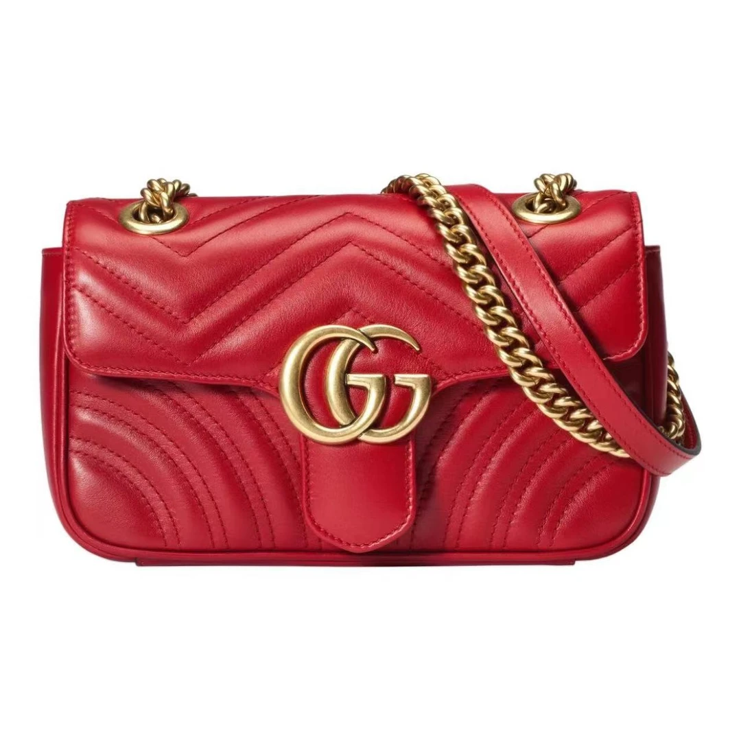 99新 GUCCI/古驰 双G Marmont马蒙小号红色单肩斜挎包 40860