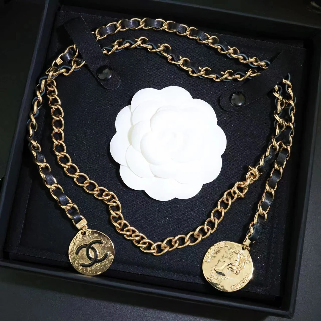 未使用 Chanel/香奈儿 22a金色皮穿双c吊坠项链 腰链 05614