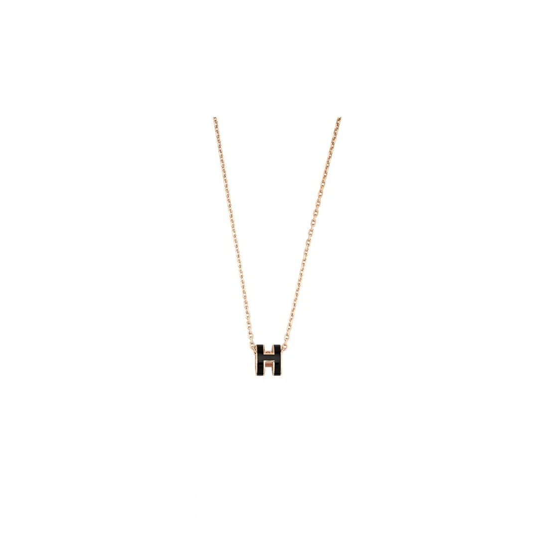 全新未使用 Hermes/爱马仕 POP H迷你款项链 黑色/玫瑰金色 00032