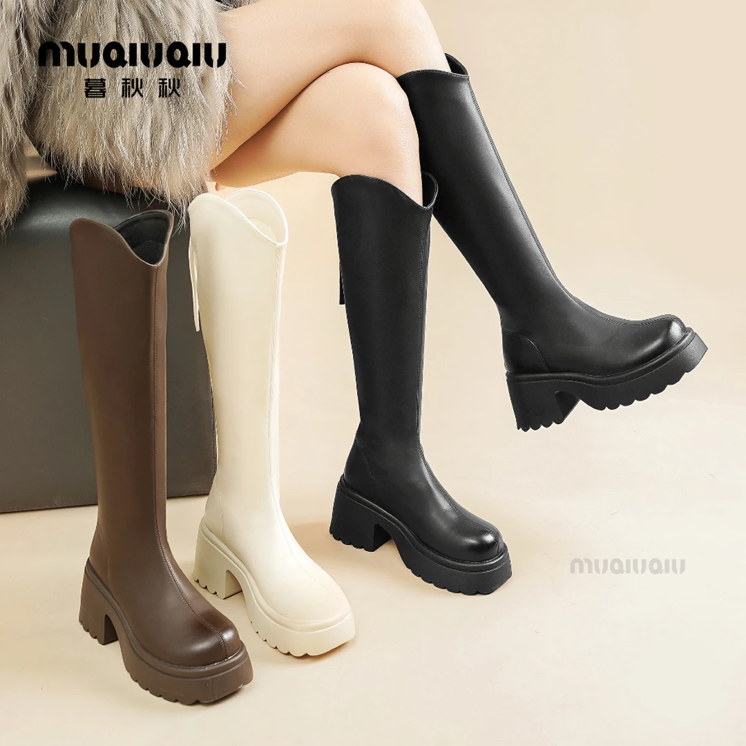 暮秋秋不过膝v口长筒靴女2025秋冬新款骑士靴小个子ins增高瘦瘦靴
