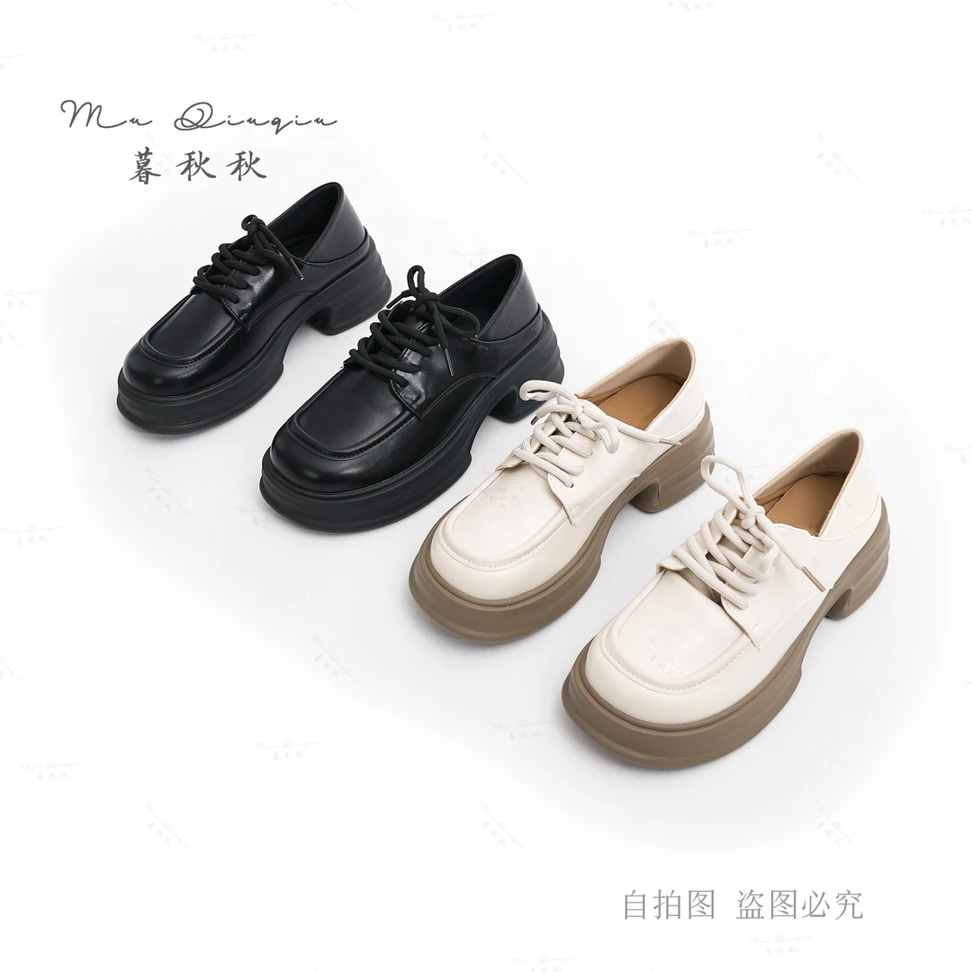 软皮厚底乐福鞋2023秋季松糕系带增高jk学院英伦风小皮鞋女单鞋