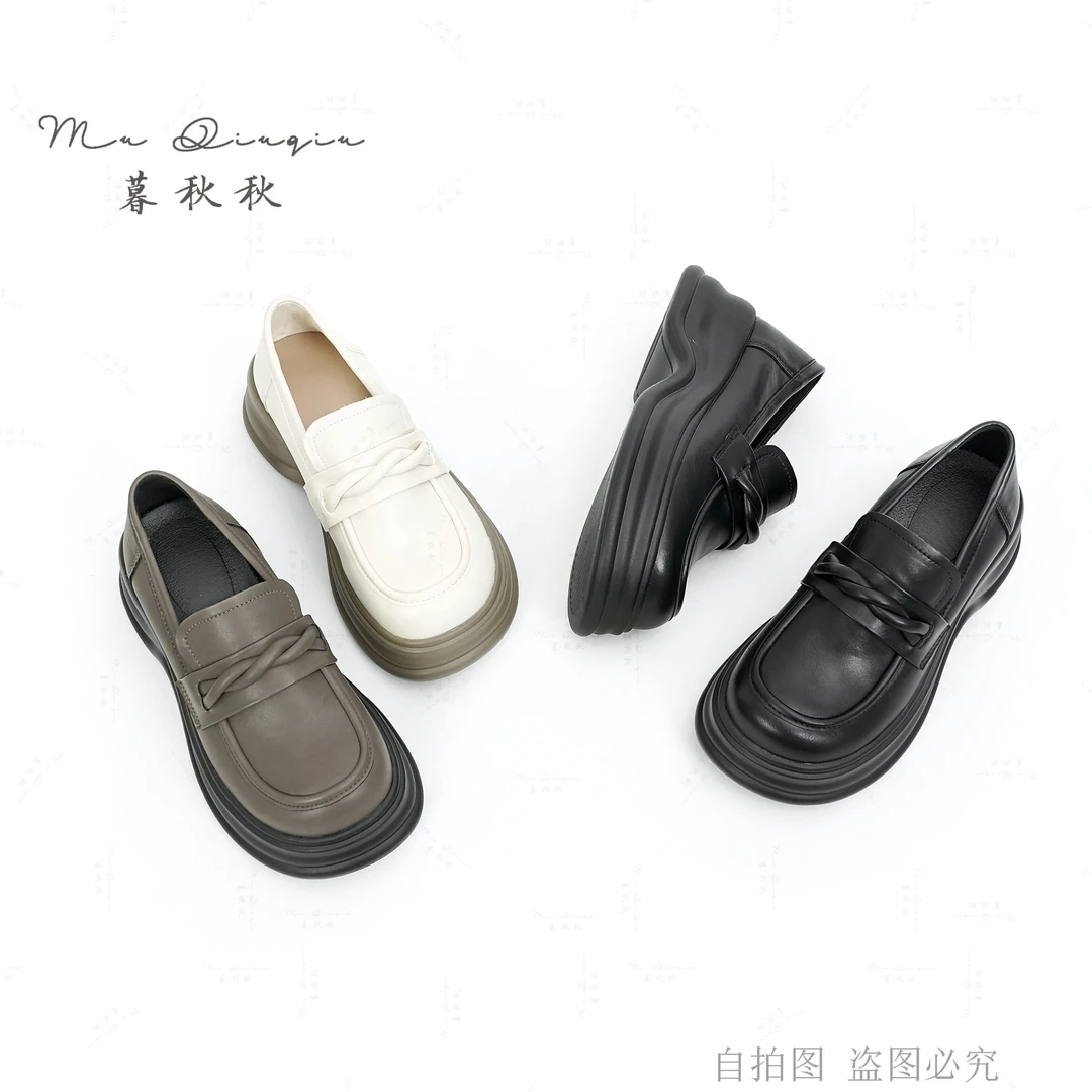 厚底增高乐福单鞋女新款复古百搭学院风圆头浅口小皮鞋软底乐福鞋
