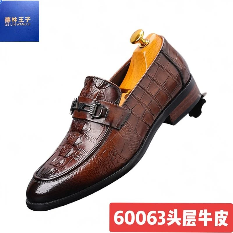 德林王子高端头层牛皮英伦尖头鳄鱼纹舒适透气百搭商务休闲男皮鞋