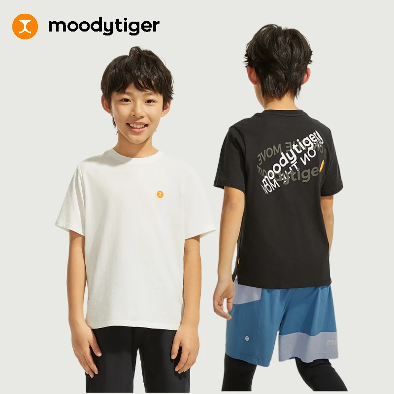moodytiger儿童T恤24年夏新款圆领纯色棉感宽松运动衫【H