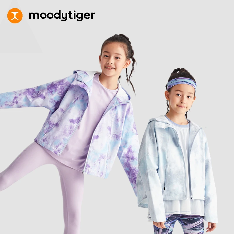 moodytiger男女童蝙蝠宽松外套春秋新梭织印花防风连帽风衣防泼水