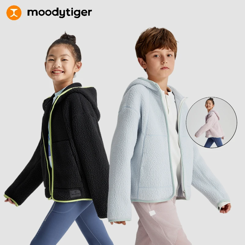 moodytiger冬款儿童波斯绒连帽冬季舒适户外休闲保暖外套