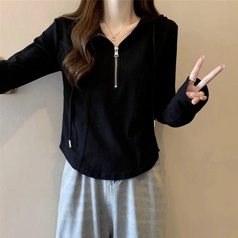 棉春秋内搭长袖t恤女连帽大码胖mm显瘦遮肚休闲拉链上衣打底衫ins