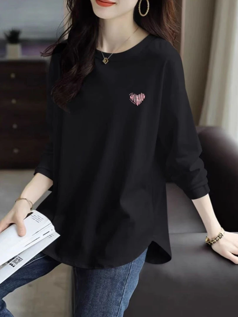 纯棉长袖t恤女春秋新款洋气显瘦宽松百搭中长款黑色上衣休闲潮