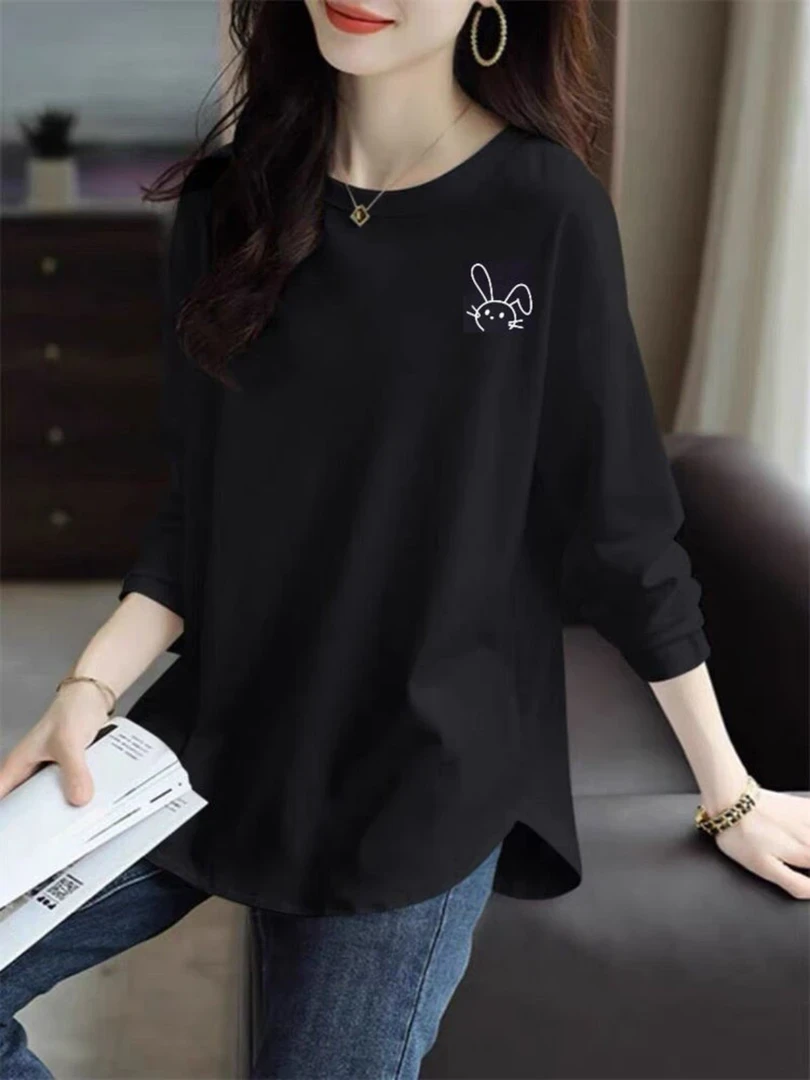 搭配鲨鱼裤黑色洋气t恤女纯棉中长款弧形宽松显瘦长袖打底衫上衣