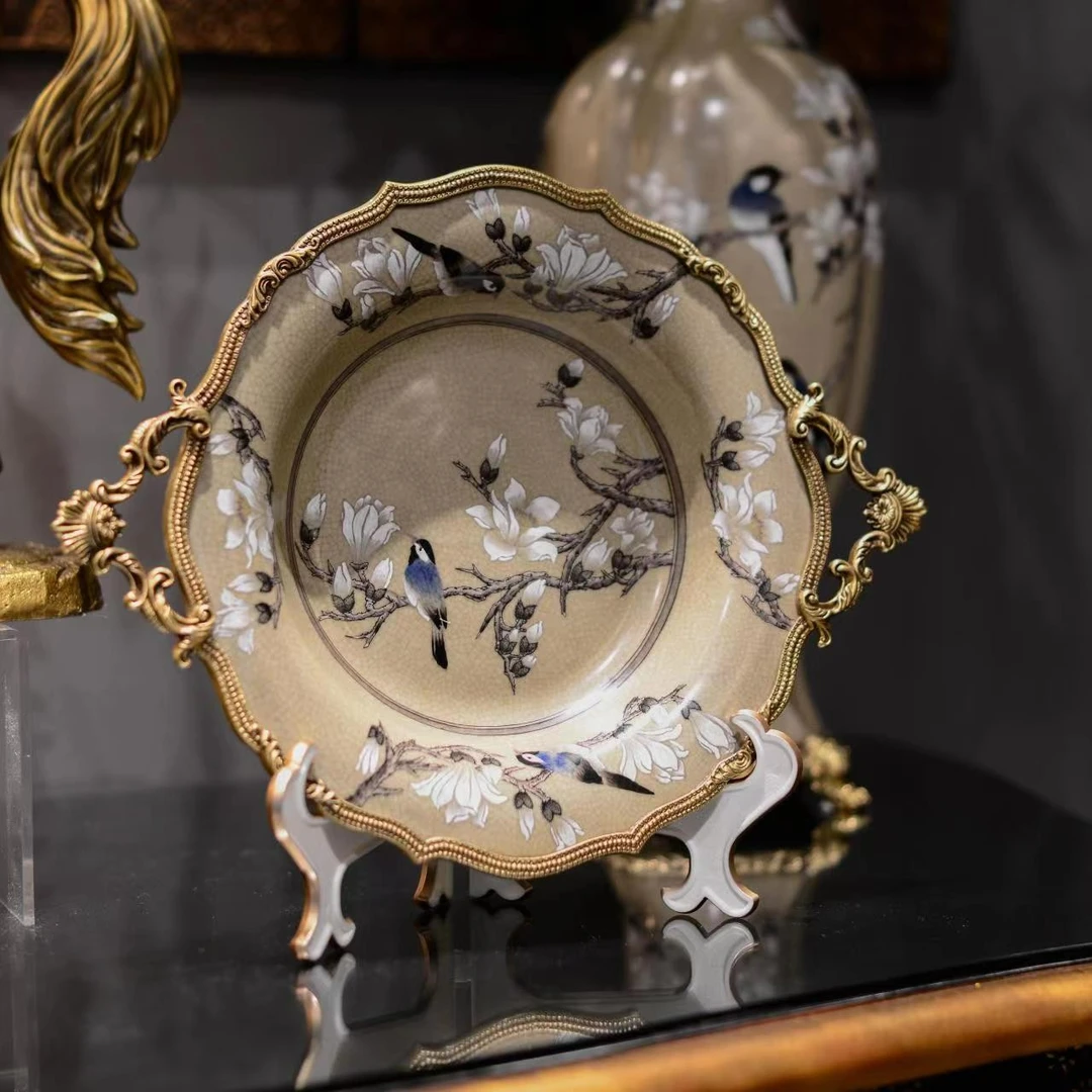 派力斯/玉兰花开系列铜配瓷手工艺手绘法式美式居家点心碟小托盘