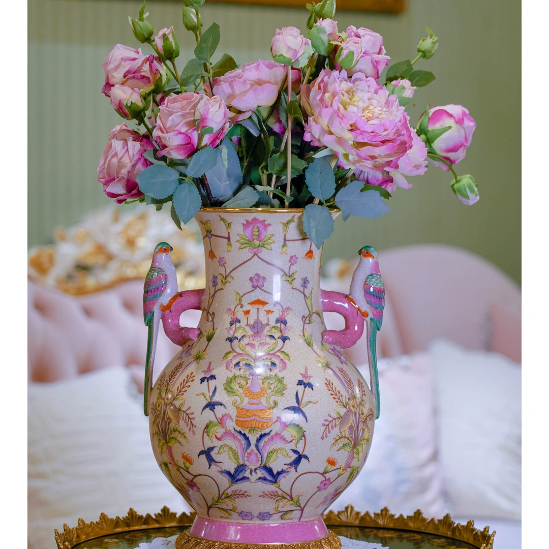 派力斯铜配高温瓷粉彩双耳花鸟陶瓷欧式复古彩绘家居水培鲜花花瓶